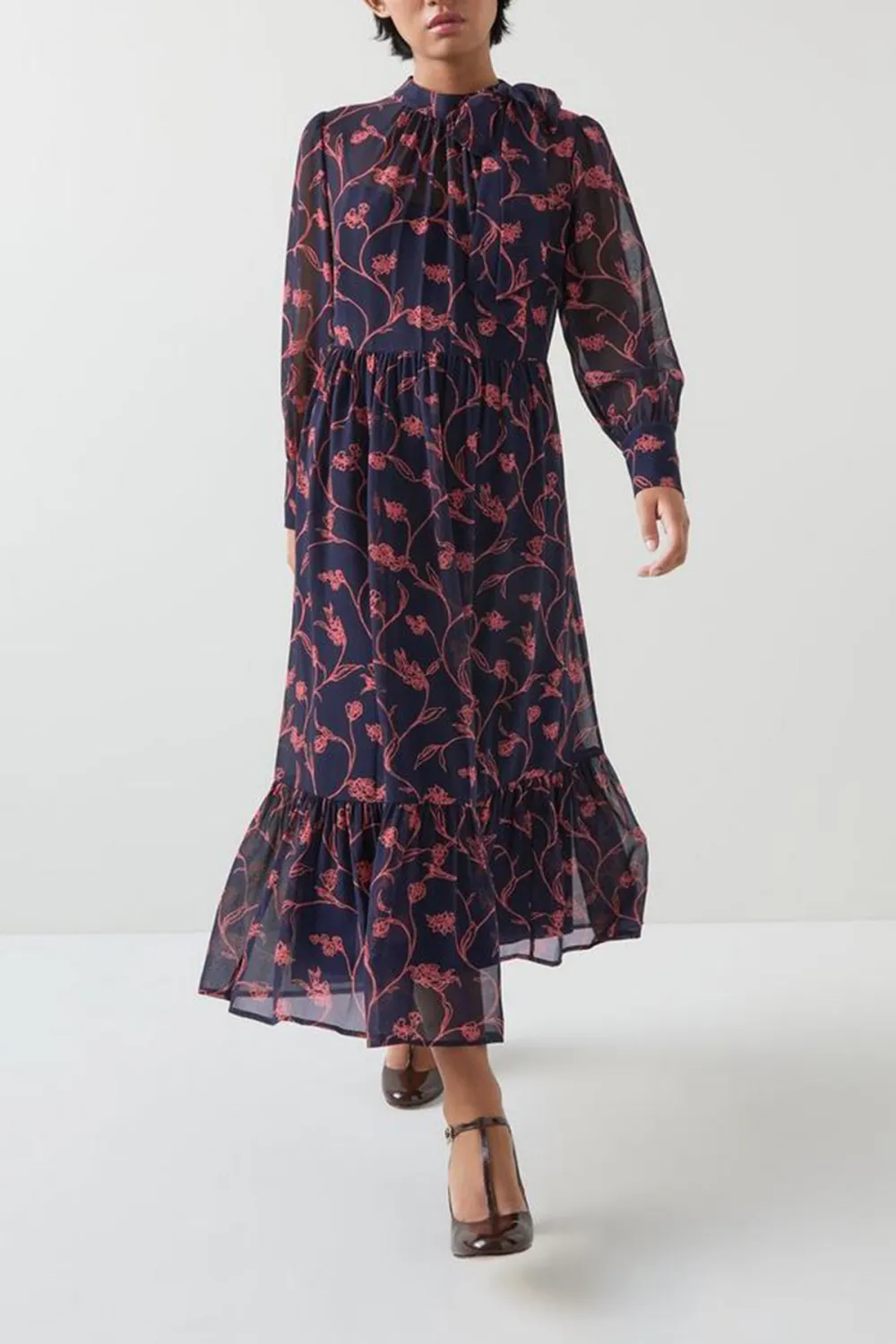 Dark Blue Pink Floral Long Sleeve Midi Dress