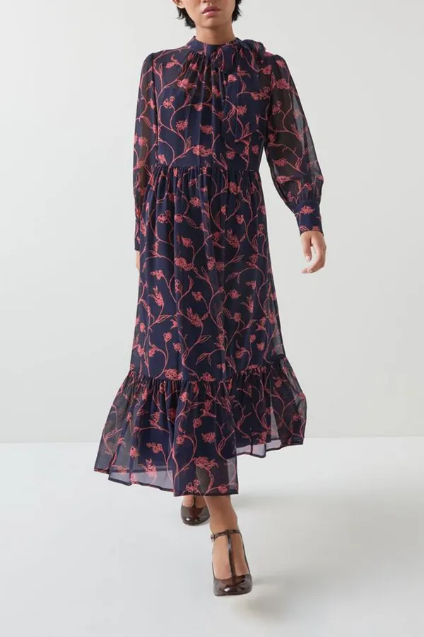 Dark Blue Pink Floral Long Sleeve Midi Dress