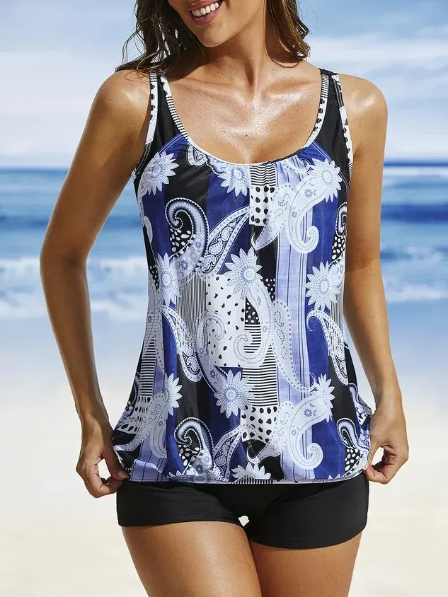 Vacation Ethnic Printing Scoop Neck Tankinis Two-Piece Set