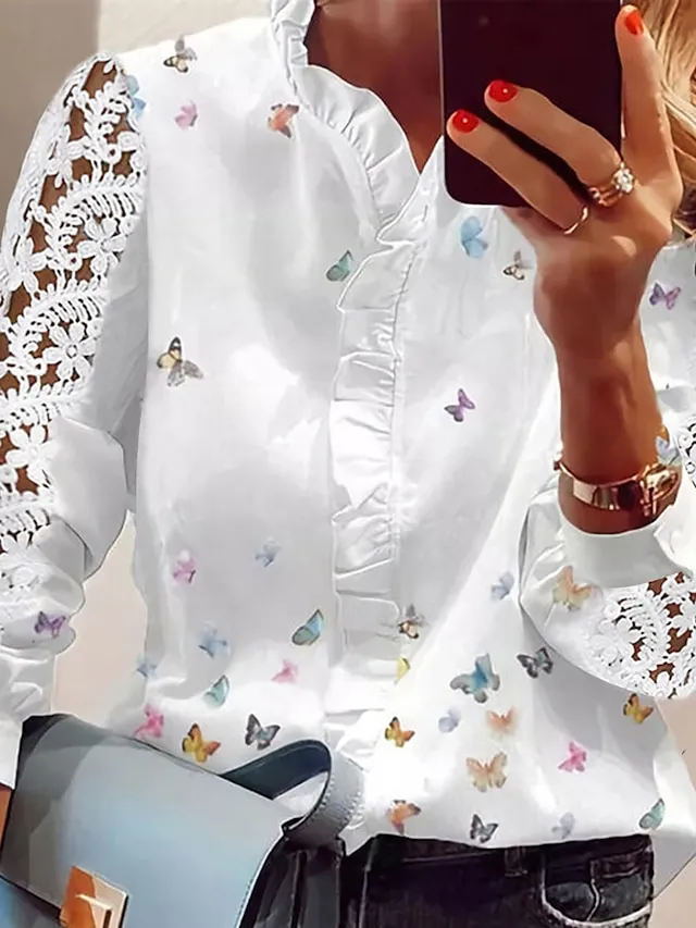 Women's Shirt Blouse Butterfly White Ruffle Mesh Button Long Sleeve Work Casual Daily Streetwear Elegant Casual V Neck Regular Fit Spring Fall