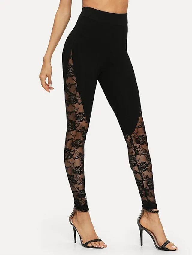 Women's Lace Tights Leggings Jeggings Black Mid Waist Sexy Stretchy Full Length Solid Colored S M L XL XXL / Slim