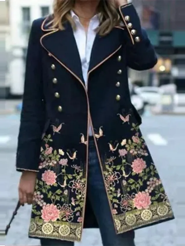 Women's Winter Coat Casual Jacket Windproof Warm Outdoor Street Daily Vacation Button Pocket Print Double Breasted Lapel Modern Street Style Floral Regular Fit Outerwear Long Sleeve Fall Winter Dark