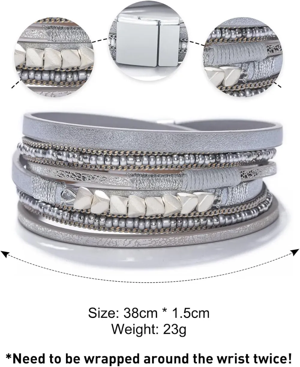 Fesciory Leather Wrap Bracelets for Women, Boho Leopard Multi-Layer Crystal Beads Cuff Bracelet Jewelry