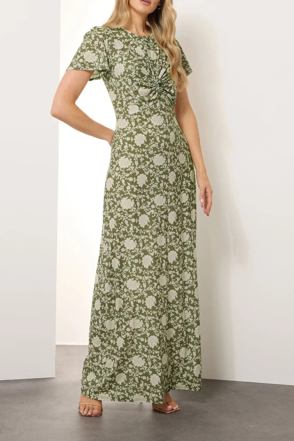 Scooped Neckline Green Floral Ruched Maxi Dress