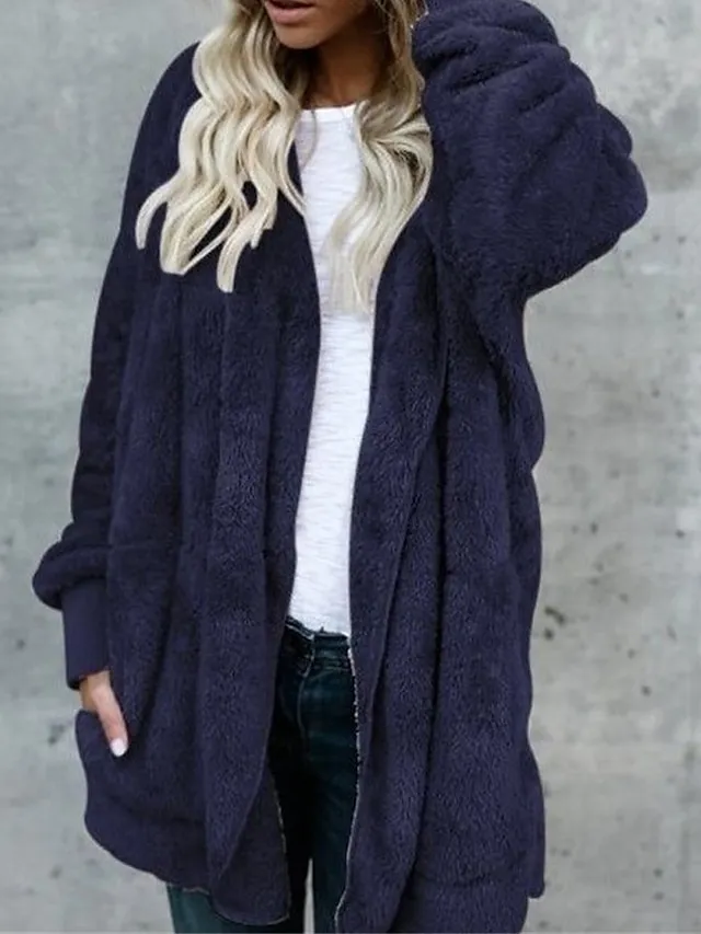 Women's Fleece Sherpa Jacket Teddy Bear Coat with Hood Open Front Winter Coat Fall Windproof Warm Comtemporary Stylish Plush Jacket Long Sleeve Plain with Pockets Oversize Lotus Black