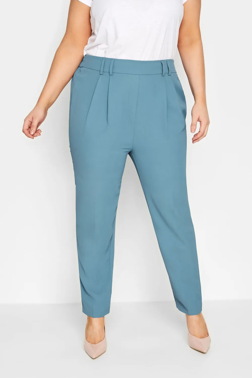YOURS Curve Blue Double Belted Tapered Trousers