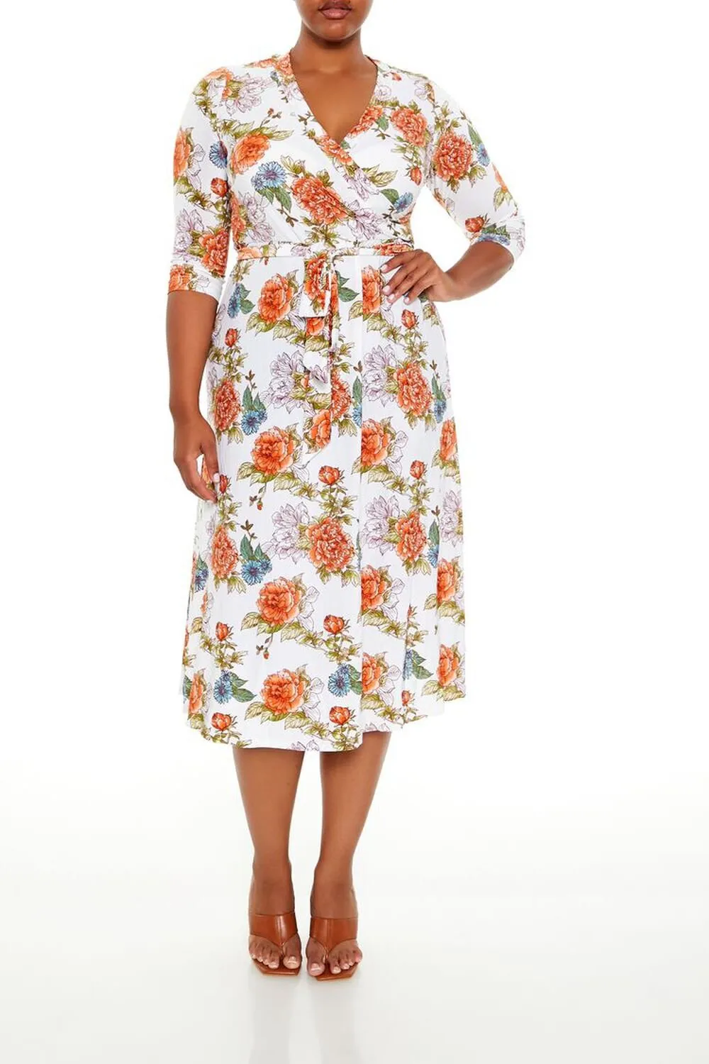 Plus Size Floral Wrap Midi Dress