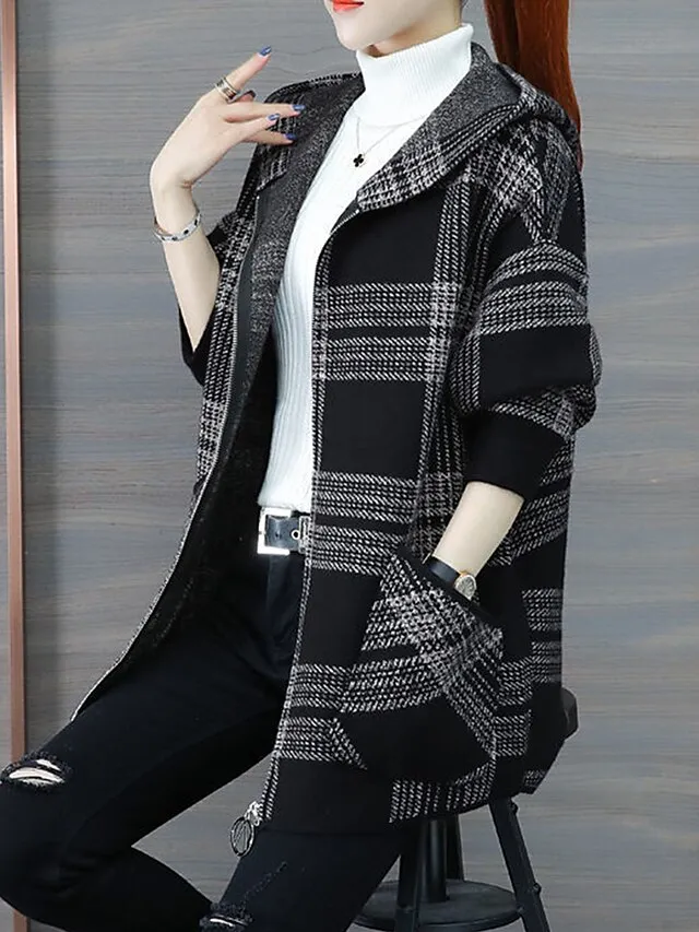 Women's Hoodie Jacket Fall Zip up Sweatshirt Plaid Print Winter Cropped Coat Windproof Warm Casual Jacket Long Sleeve Plaid with Pockets Black