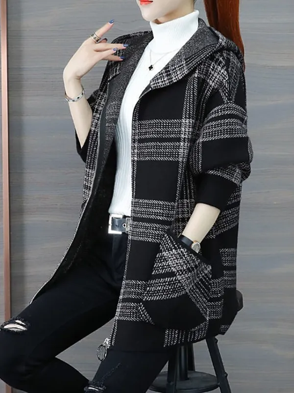 Women's Hoodie Jacket Fall Zip up Sweatshirt Plaid Print Winter Cropped Coat Windproof Warm Casual Jacket Long Sleeve Plaid with Pockets Black