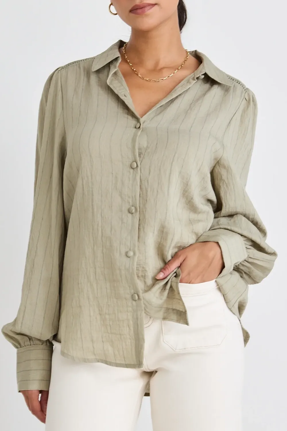 Khaki Stripe Lace Insert Linen Blouse