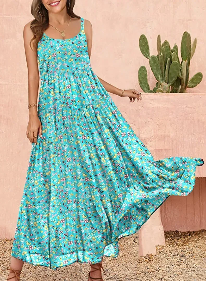 Summer Dresses for Women Casual Loose Bohemian Floral Dress with Pockets Spaghetti Strap Maxi Dress E75