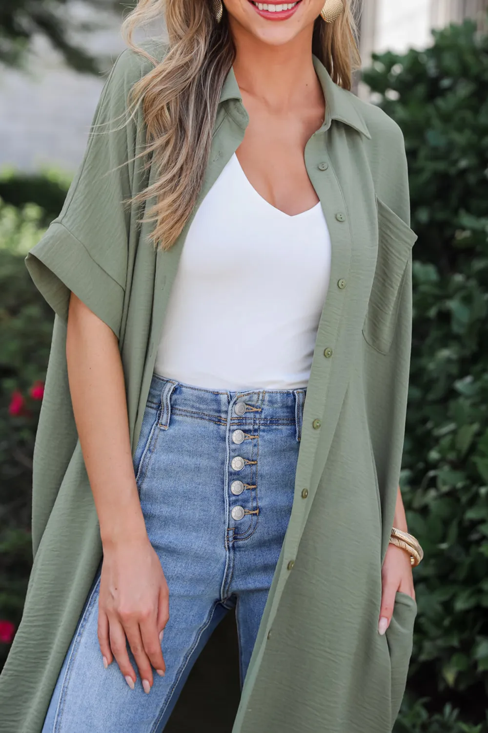 Composed Persona Green Button Front Midi Dress