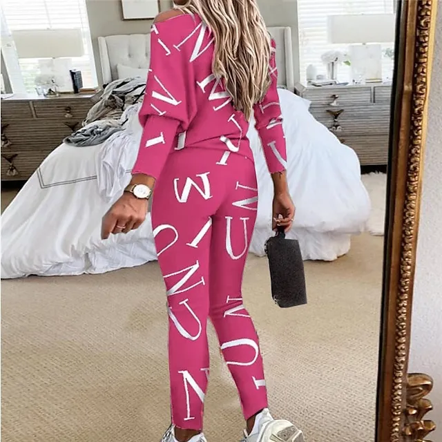 Women's Letter Print Lounge Sets Sweatsuit 2 Pcs  Crew Neck Long Sleeve Tops & Slim Pants Outfits Sport Comfort Home Street Vacation Polyester Off Shoulder Fall Winter S 2XL Black White