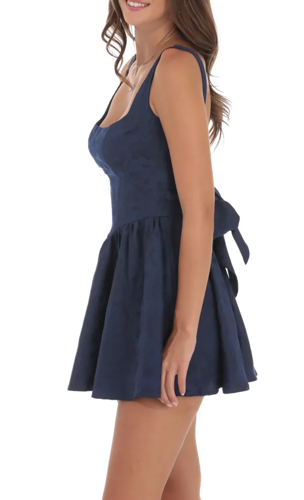 Floral Jacquard Open Back Bow Dress in Navy