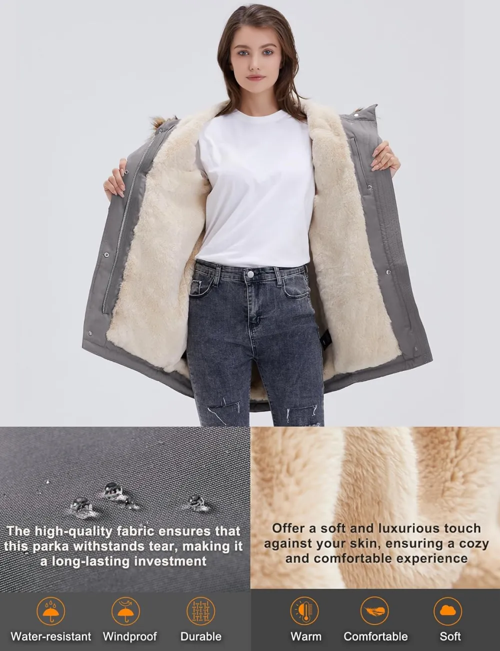 Women's Winter Coats Fleece Lined Parka Jacket Hooded Long Winter Warm Parka Coat with Pockets