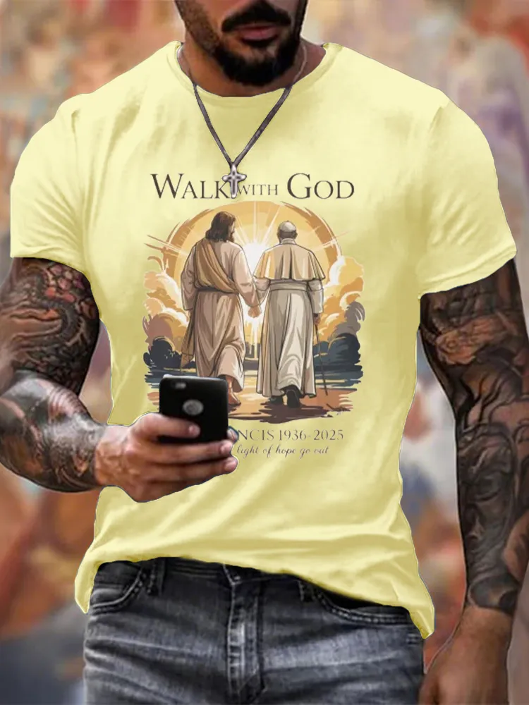 Men's Walk With God Print Short Sleeve Round Neck Cotton T-Shirt