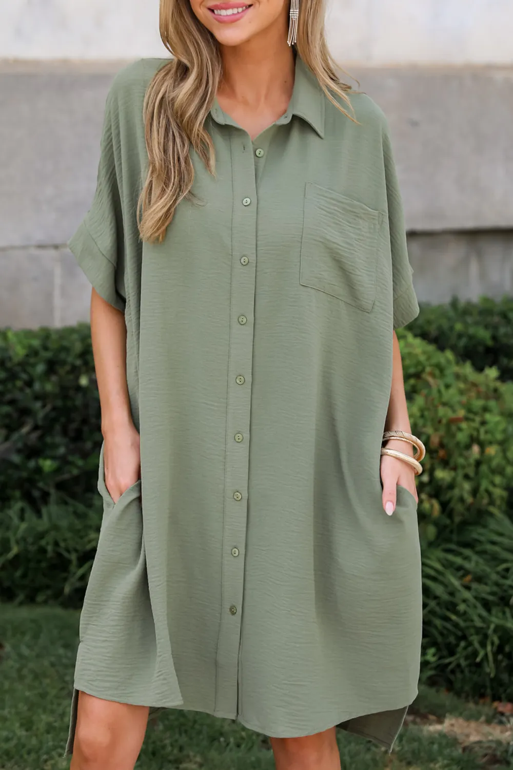 Composed Persona Green Button Front Midi Dress