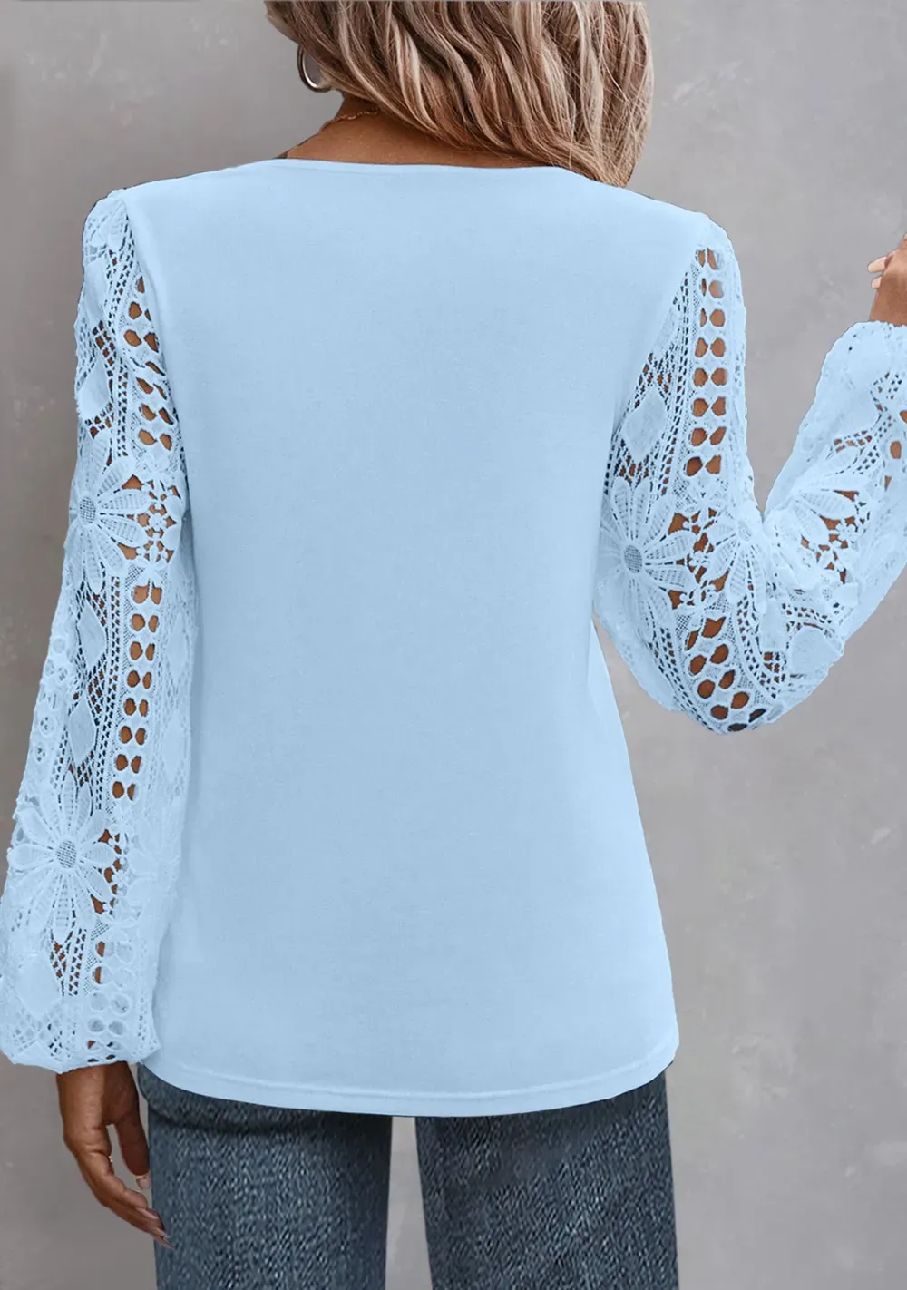 Light Blue Lace Long Sleeve Asymmetrical Neck Blouse