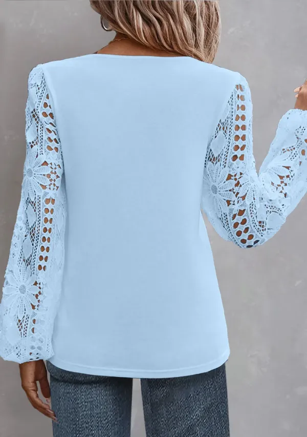 Light Blue Lace Long Sleeve Asymmetrical Neck Blouse