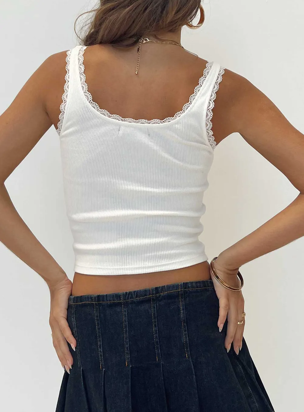 Embroidered White Ribbed Crop Top