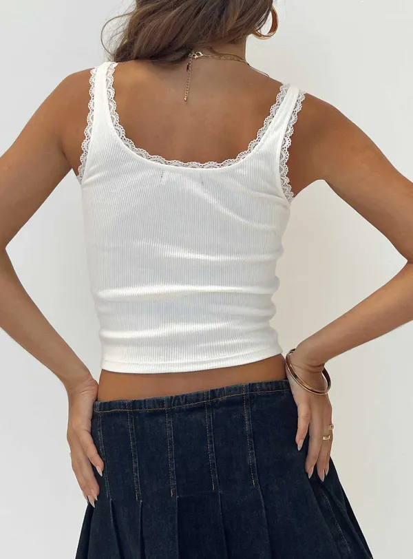 Embroidered White Ribbed Crop Top