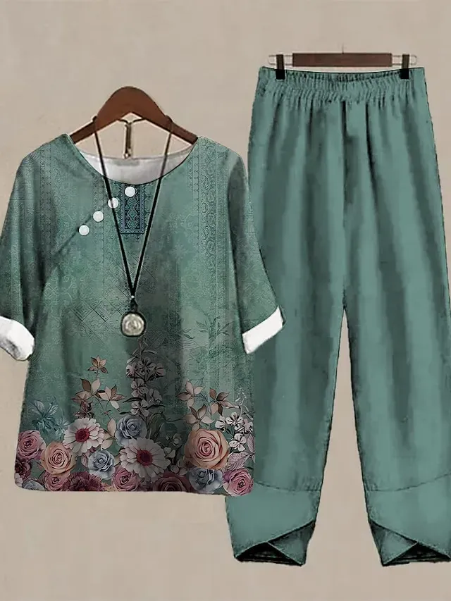Women's Shirt Pants Sets Pants Trousers Basic Light Green Blue Holiday Weekend Floral Print Round Neck S M L XL 2XL