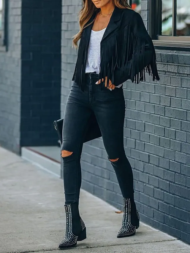 Women's Casual Jacket Going out Fall Tassel Fringe Rusty Regular Coat Regular Fit Breathable Bohemian Style Jacket Long Sleeve Solid ColorWhite Black