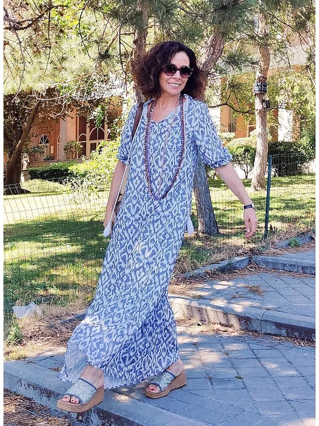 Women‘s A Line Dress Maxi long Dress Purple Half Sleeve Print Ruched Print Spring Summer V Neck Casual Vacation 2023 3XL