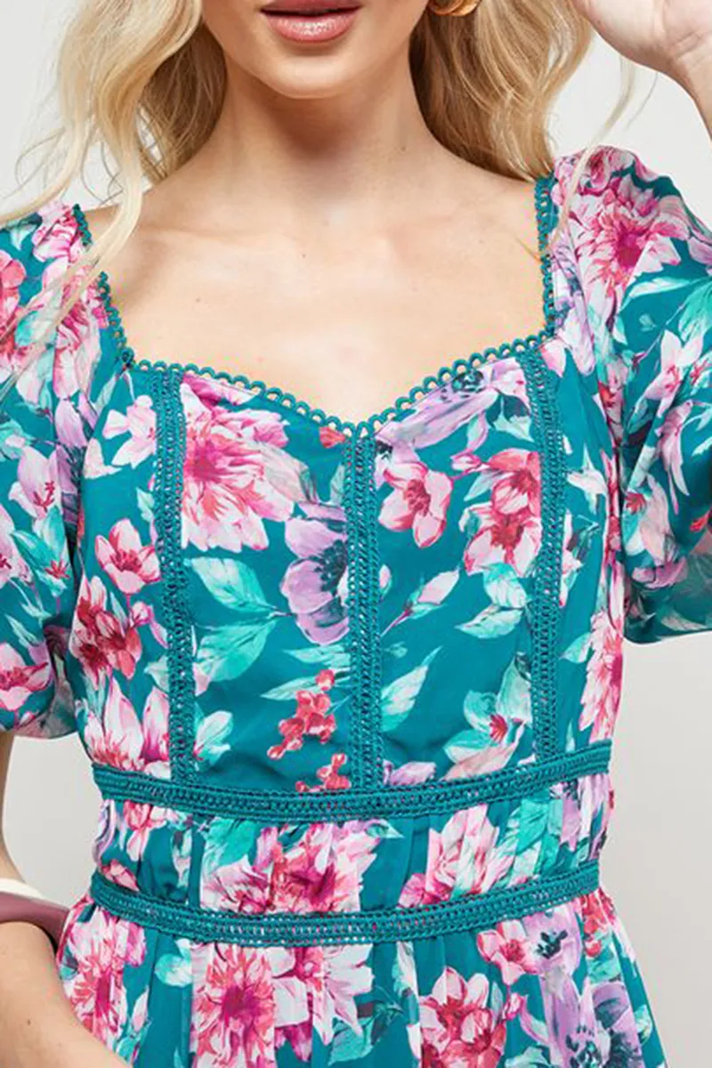 Daily Lace Trim Puff Sleeve Dress