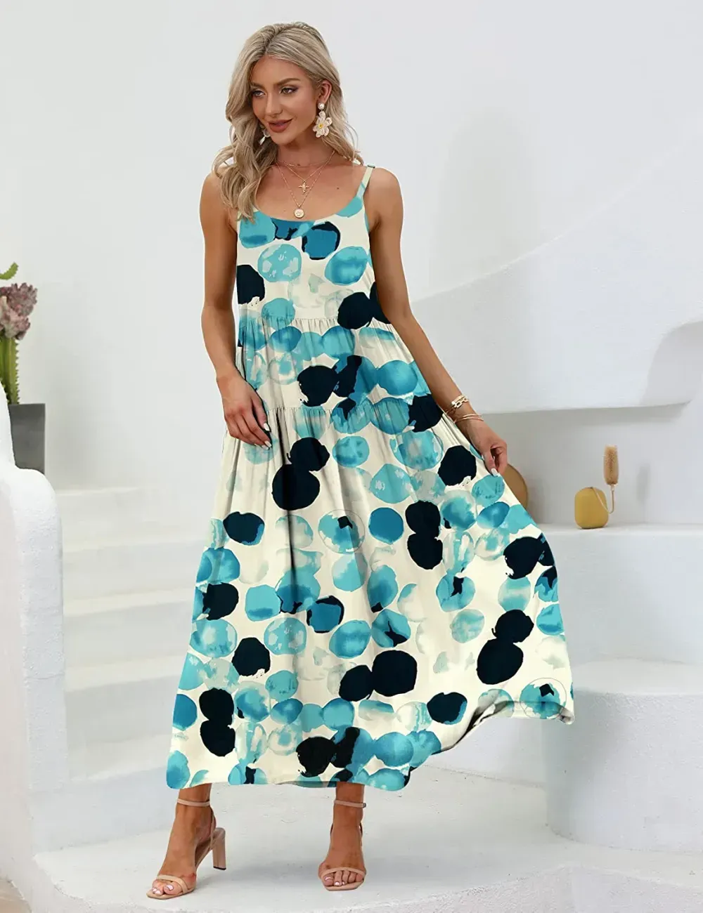 Summer Dresses for Women Casual Loose Bohemian Floral Dress with Pockets Spaghetti Strap Maxi Dress E75