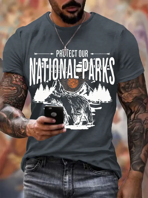 Men'S T-Shirt Men'S Protect Our National Parks Printed Crewneck T-Shirt Theme T-Shirt Pure Cotton