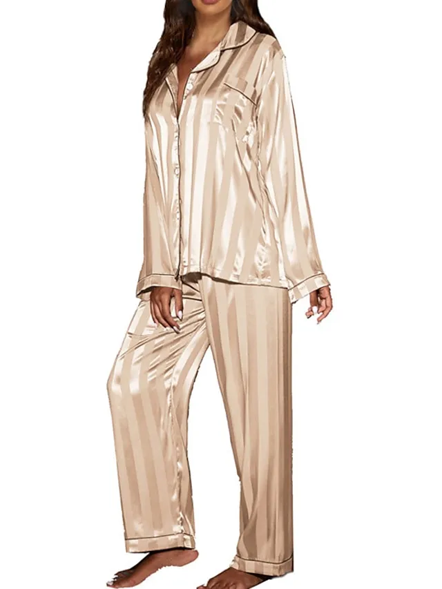 Women's Pajamas Sets Stripe Simple Comfort Soft Christmas Daily Carnival Satin Gift Lapel Long Sleeve Shirt Pant Button Pocket Fall Spring Pink Fuchsia