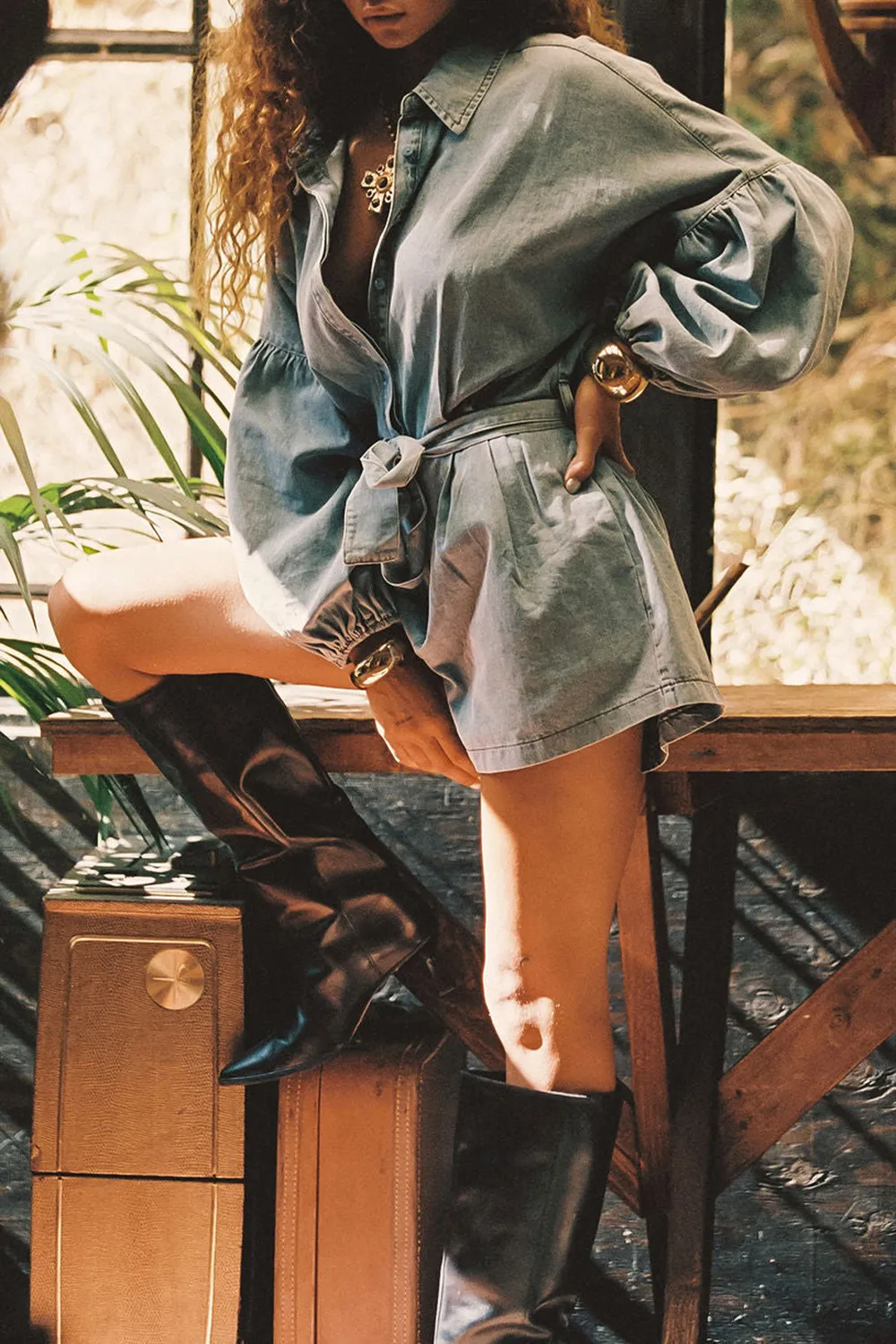 Balloon Sleeve Denim Jumpsuit