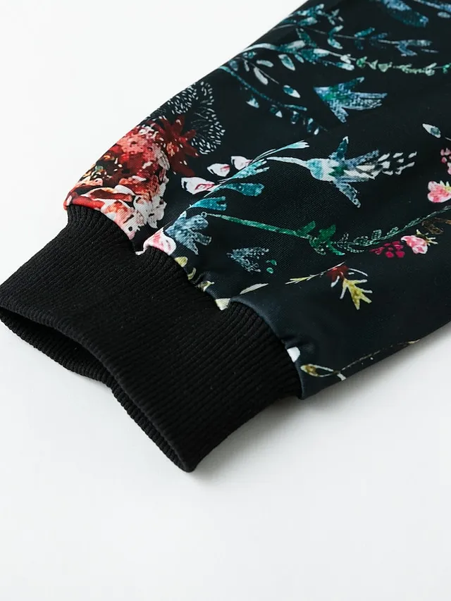 Women's Bomber Jacket Casual Jacket Outdoor Zipper Floral Pattern Breathable Streetwear Regular Fit Outerwear Long Sleeve Summer Black