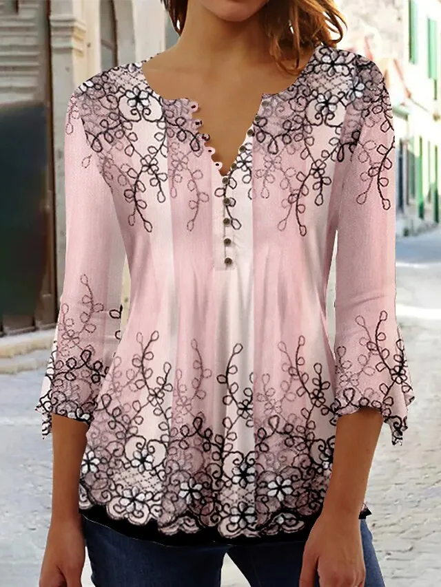 Women's Shirt Blouse Pink Blue Purple Floral Button Print 3/4 Length Sleeve Casual Holiday Basic Round Neck Regular Fit Floral