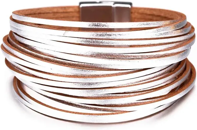 Fesciory Leather Wrap Bracelets for Women, Boho Leopard Multi-Layer Crystal Beads Cuff Bracelet Jewelry