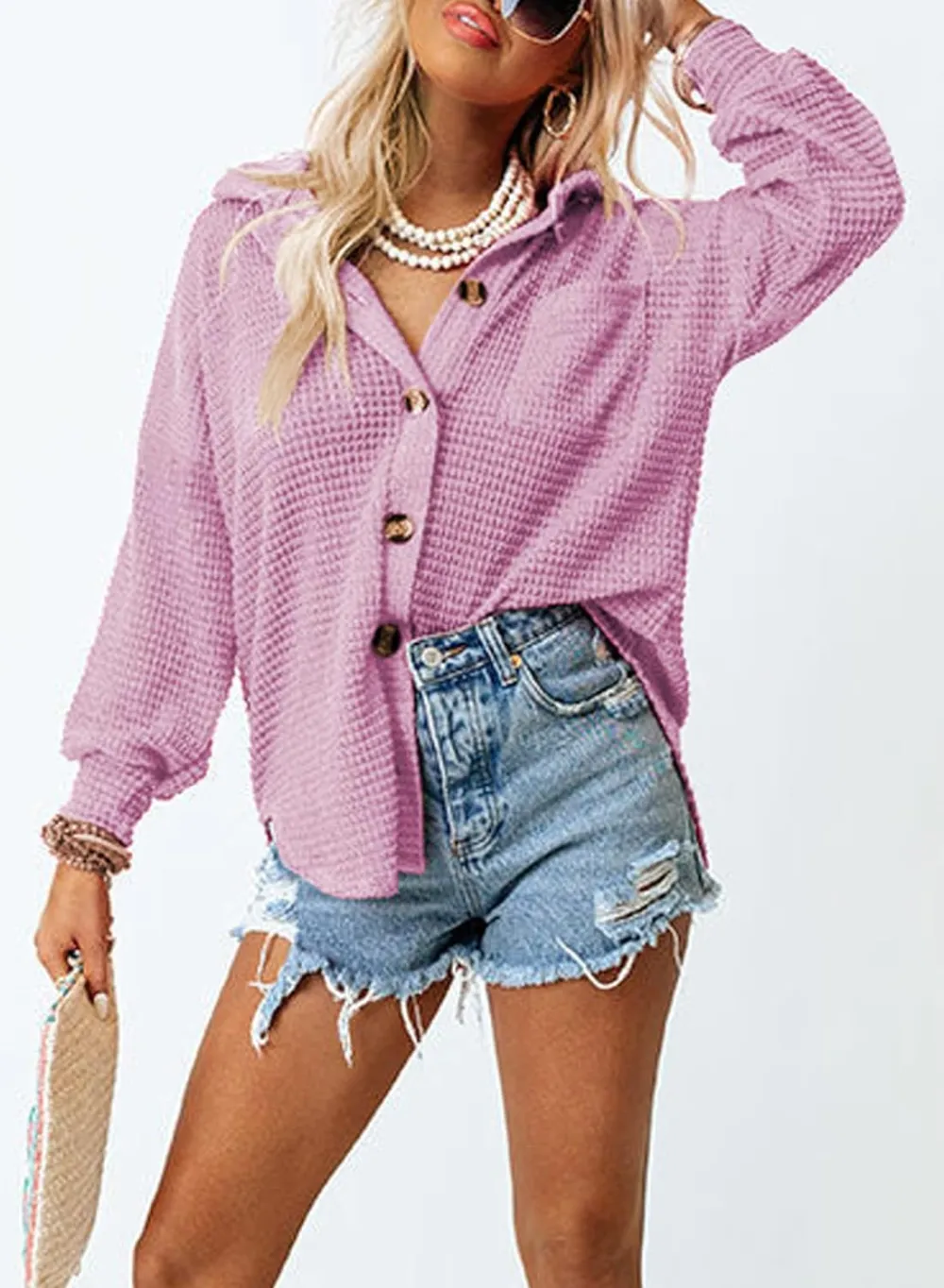 Womens Waffle Knit Button Down Shirts Casual Long Sleeve Shacket Jacket Boyfriend Tops Blouses Loose Fit