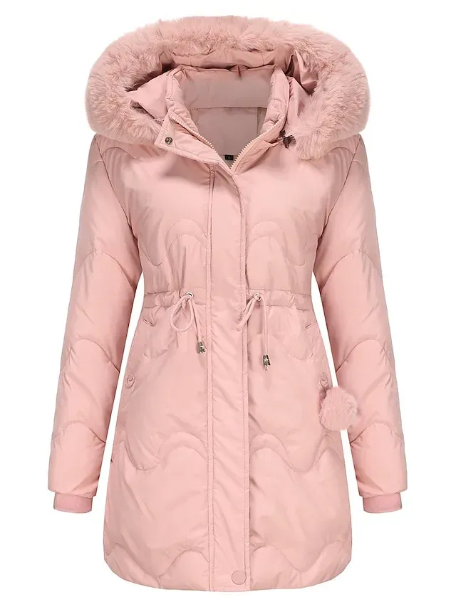 Women's Parka Puffer Jacket Winter Coat Zip up Hooded Coat with Fur Collar Drawstring Thermal Warm Heated Coat Removable Hood Fall Outerwear with Pockets Warm Classic Long Sleeve Light Blue Pink Black