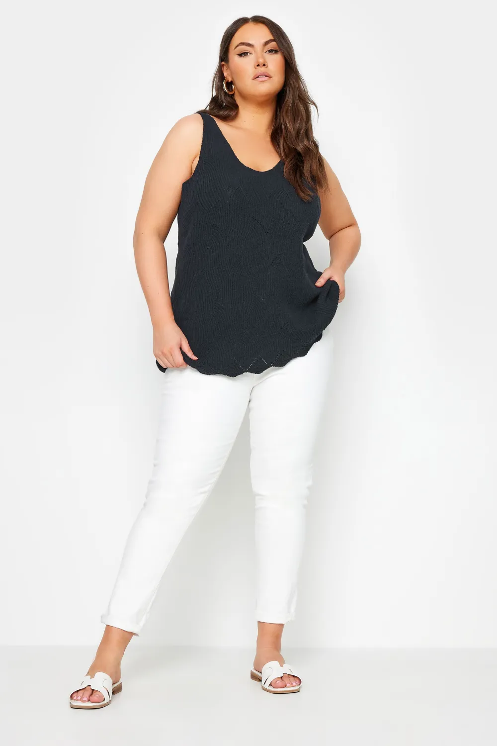 YOURS Curve Natural Brown Scallop Hem Knitted Vest Top