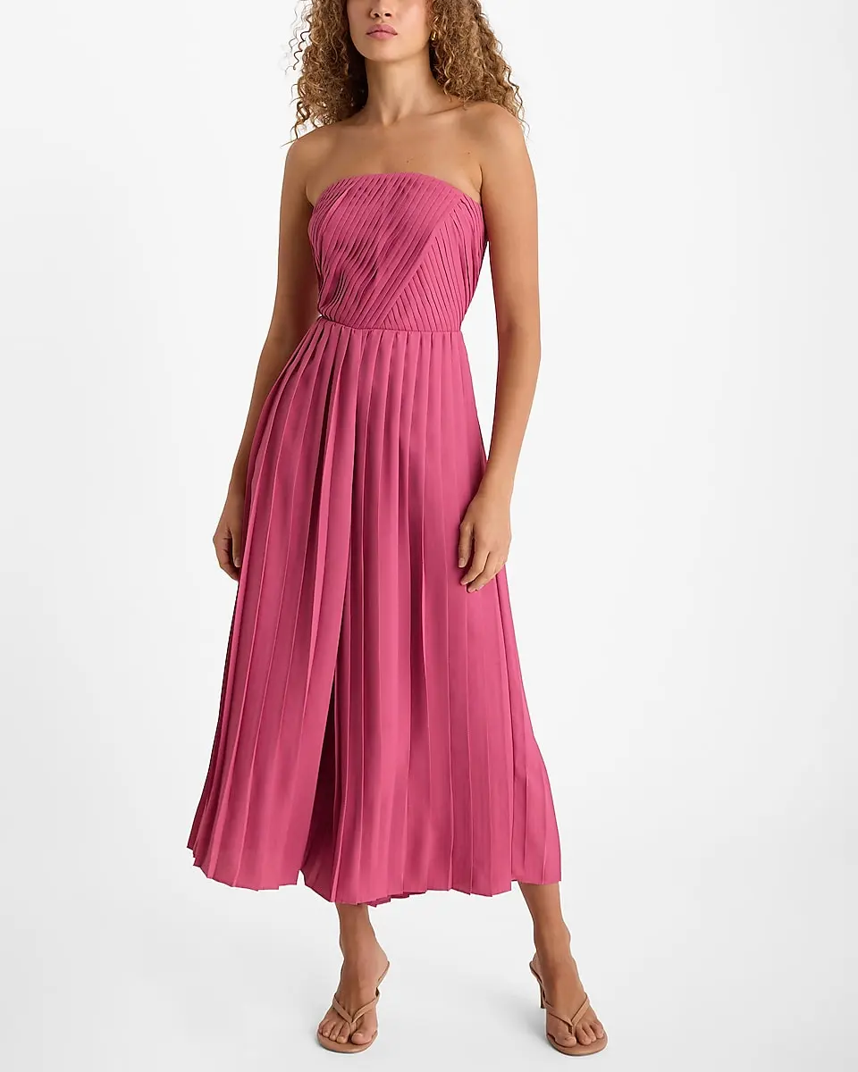 Pleated Strapless Flowy Wide Leg Jumpsuit