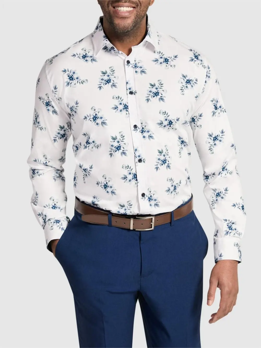 NAVY FLORAL STRETCH SHIRT