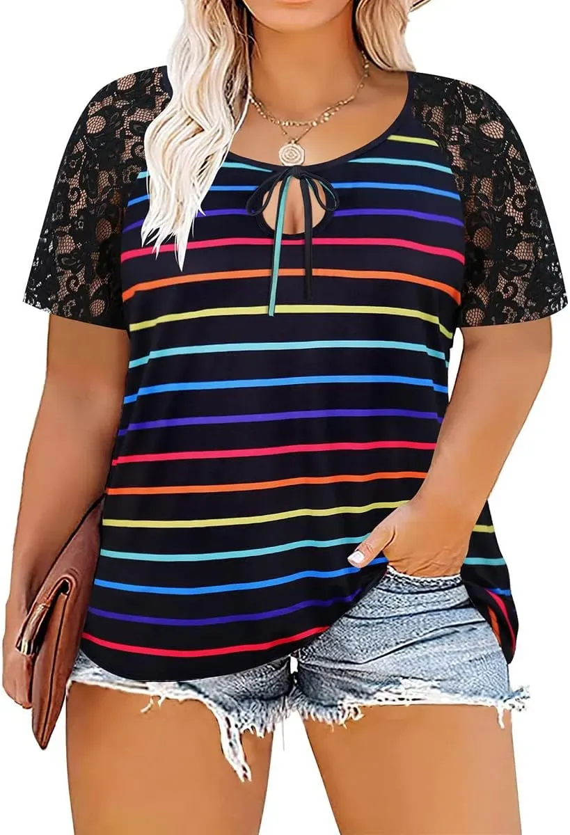 TIYOMI Plus Size T Shirt for Women Short Sleeve Tunic Cross Line Shirts Round Neck Tops Summer Blouse XL-5XL 14-28