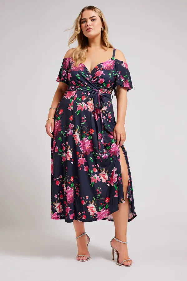 YOURS LONDON Curve Red & Blue Floral Bardot Maxi Dress