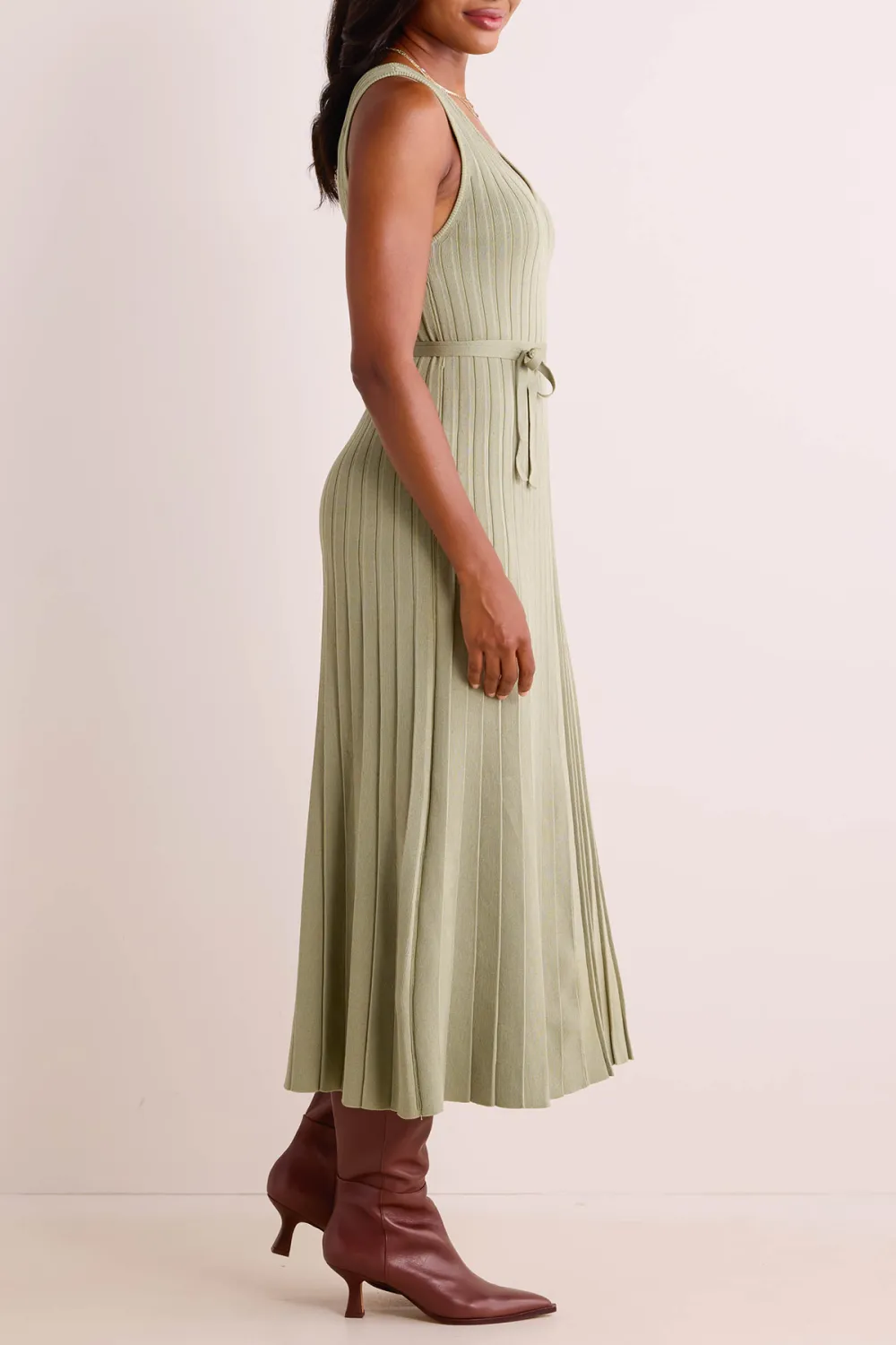 Olive Green V-Neck Pleated Dress