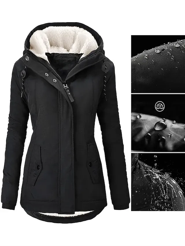 Women's Parka Fleece Lined Puffer Jacket Waterproof Windproof Winter Coat Fall Zipper Hooded Heated Jacket with Pocket Minimalism Outerwear Long Sleeve Black Army