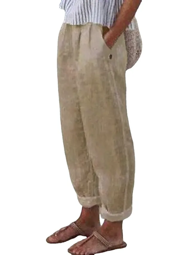 Women's Linen Pants Chinos Pants Trousers 100% Cotton Chinese Style Pleated Baggy Full Length Micro-elastic Mid Waist Casual Lounge Casual Daily White Sky Blue S M Spring &  Fall