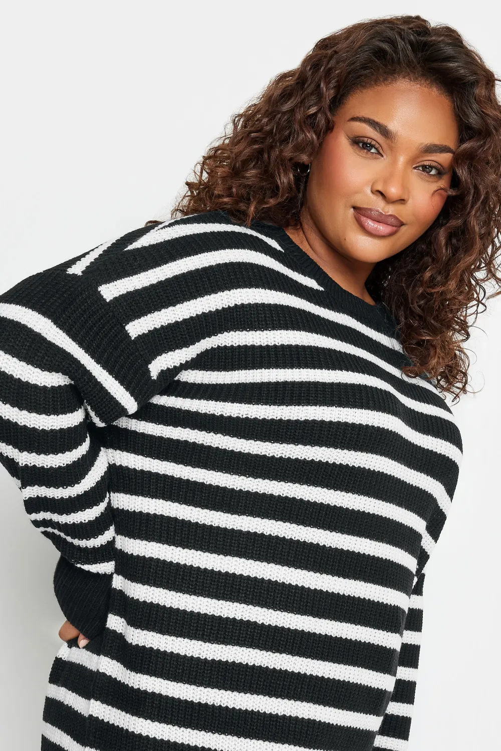 YOURS Curve Beige Brown Stripe Drop Shoulder Knitted Jumper