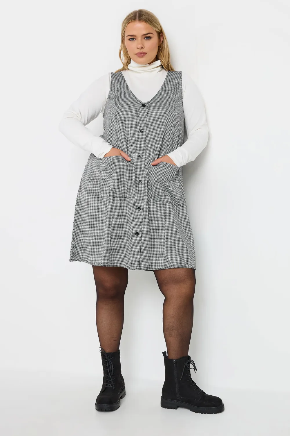 YOURS Curve Grey Check Print Button Through Pinafore Dress