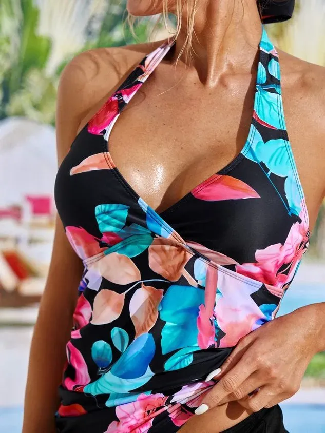 Vacation Floral Printing V Neck Tankinis Two-Piece Set