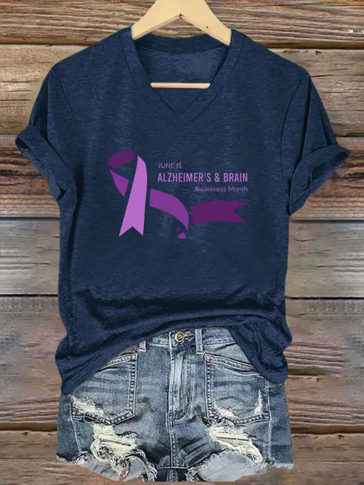 Women's I Will Remember For You Dementia Alzheimer's Disease Awareness Printed V-Neck T-Shirt